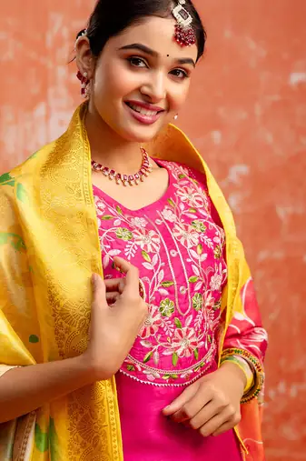 rani-pink fancy silk blend kurta set
