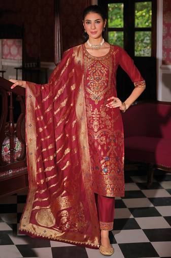 Maroon silk blend designer festive wear readymade suit