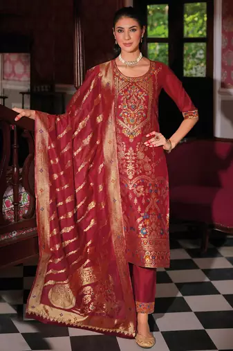 Maroon silk blend designer festive wear readymade suit