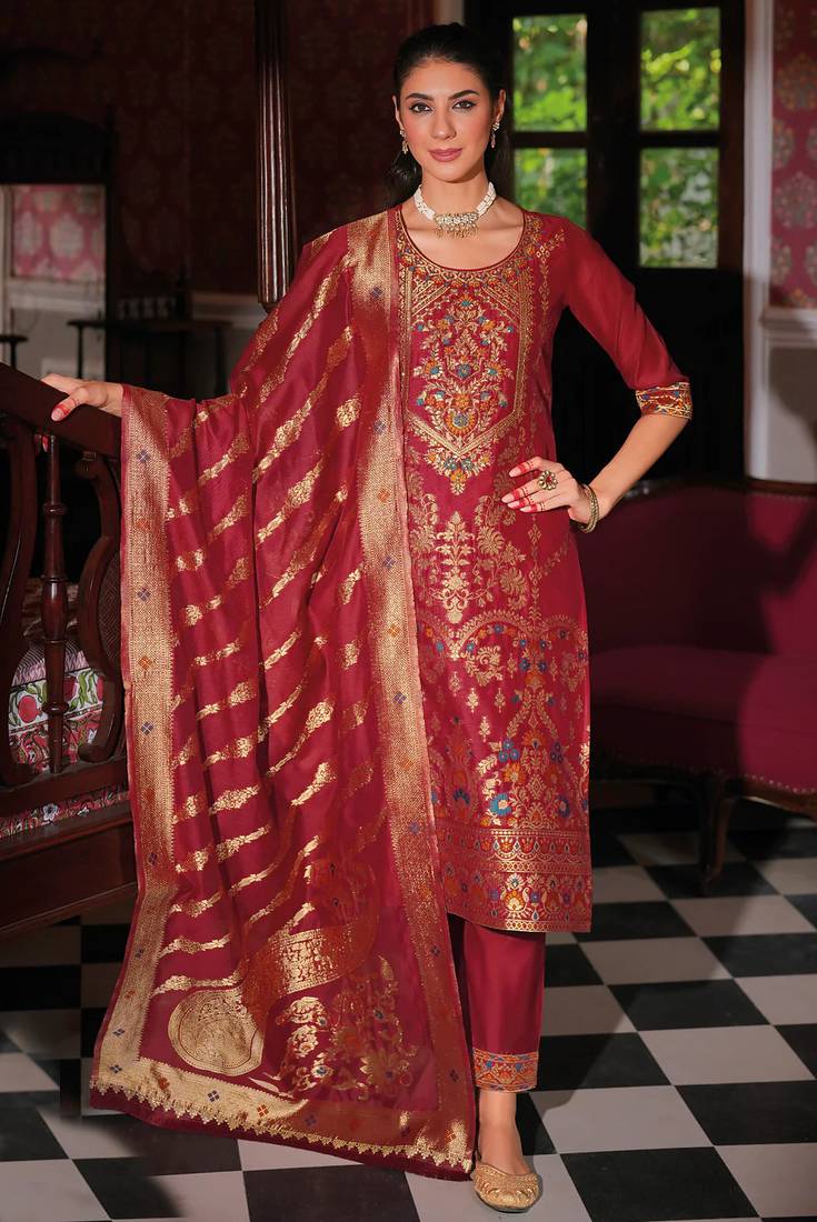 Maroon silk blend designer festive wear readymade suit