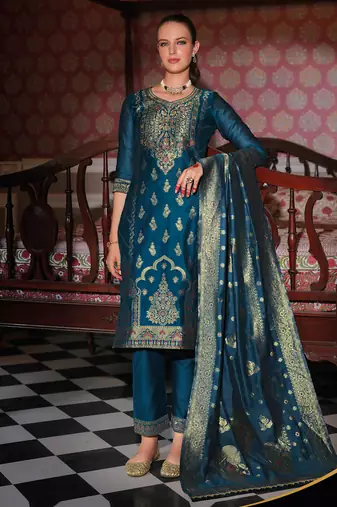 teal fancy banarasi silk kurta set