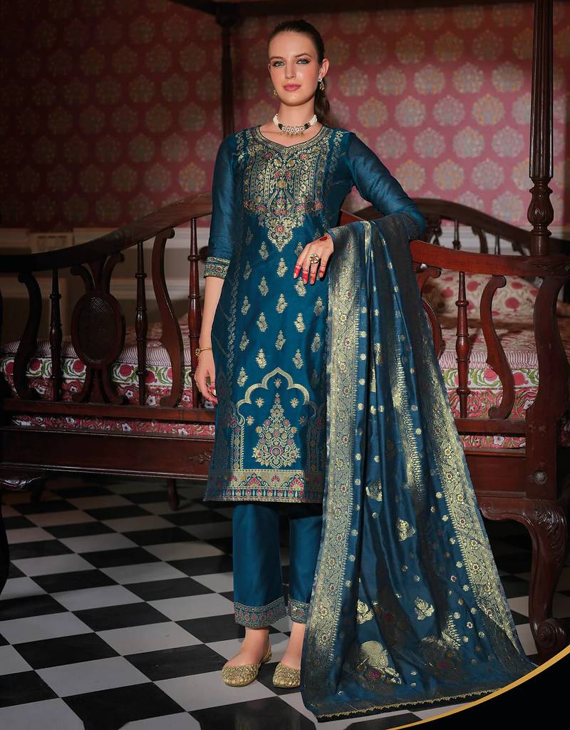 teal fancy banarasi silk kurta set