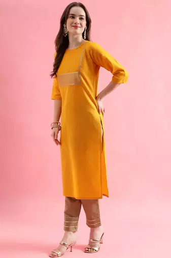 yellow fancy cotton kurta set