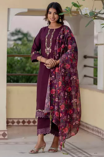 Purple viscose roman silk designer festive wear readymade suit