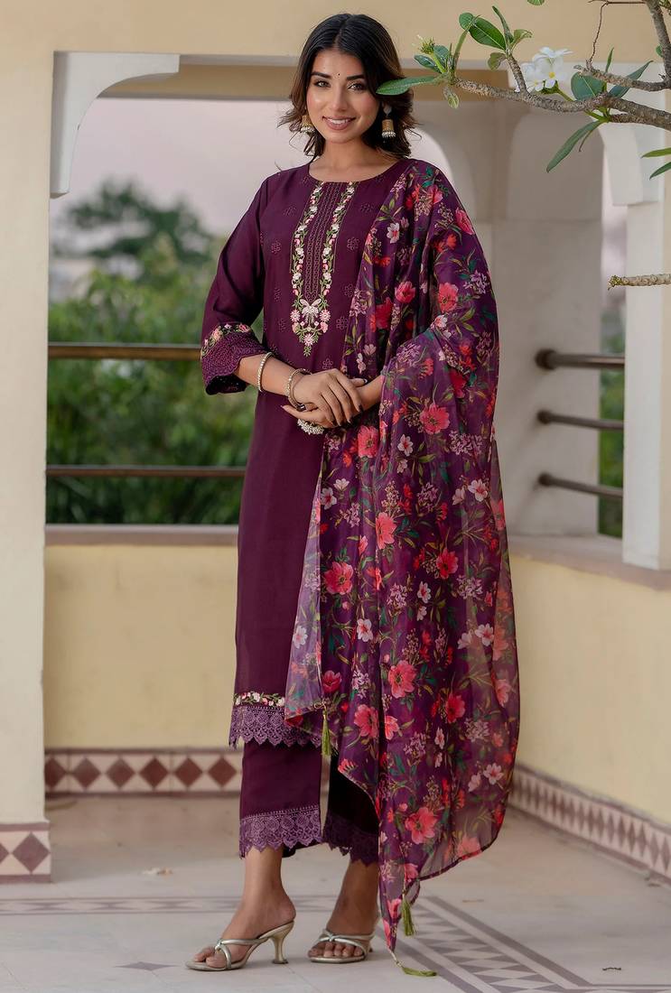Purple viscose roman silk designer festive wear readymade suit