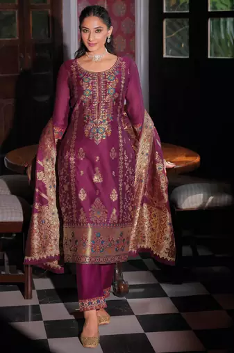 purple fancy banarasi silk kurta set