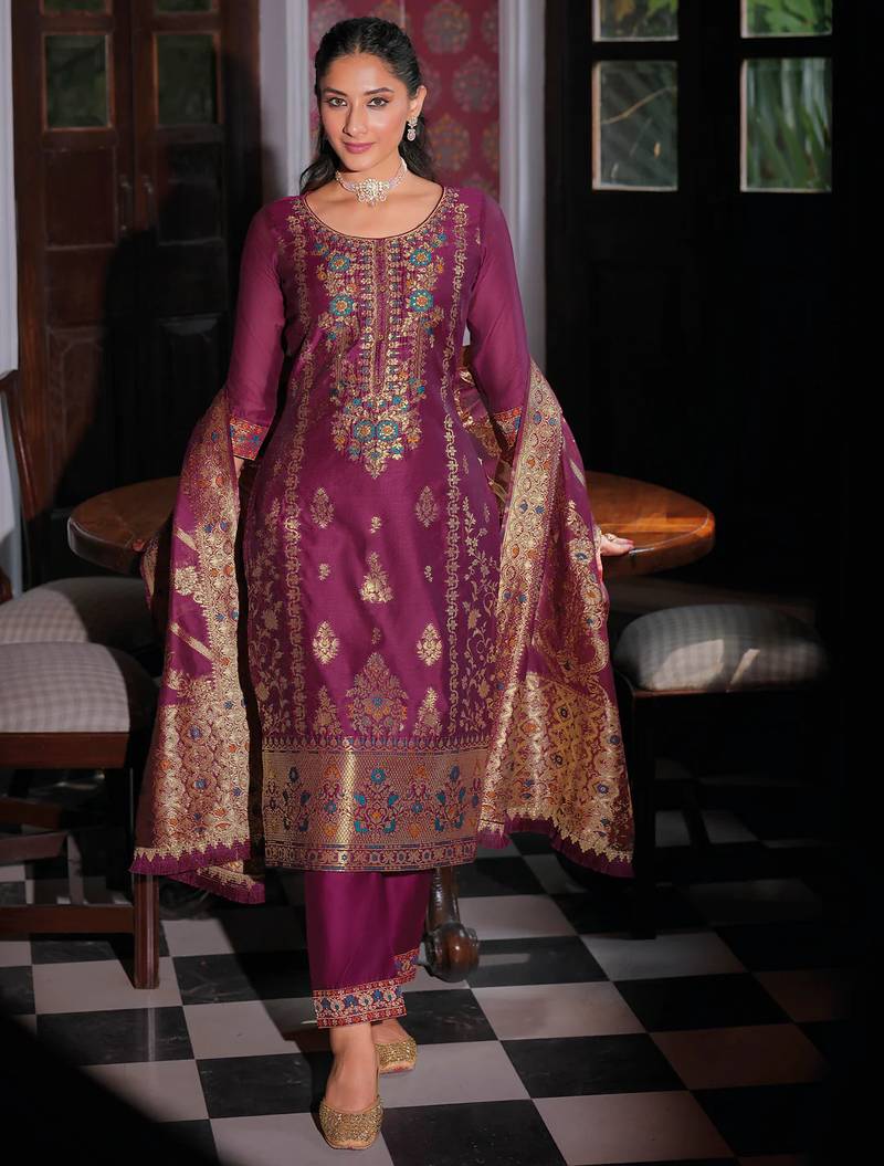 purple fancy banarasi silk kurta set