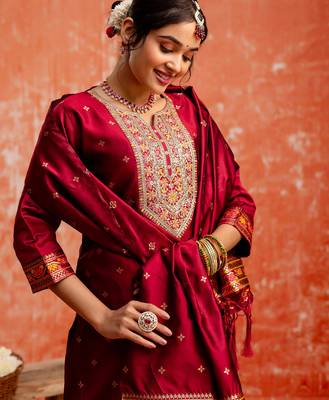maroon fancy cotton silk kurta set 3