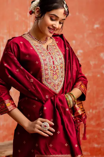 maroon fancy cotton silk kurta set