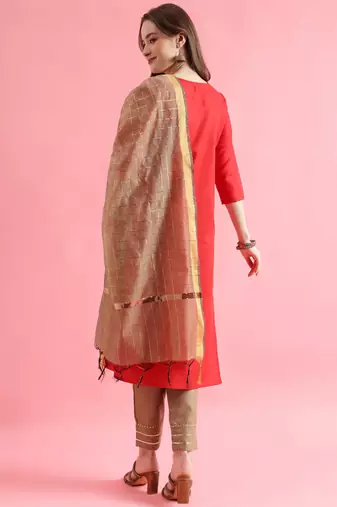 red fancy cotton kurta set