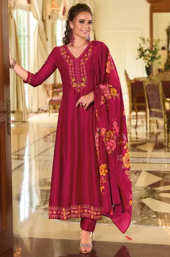Rani pink vichitra silk designer festive wear readymade suit