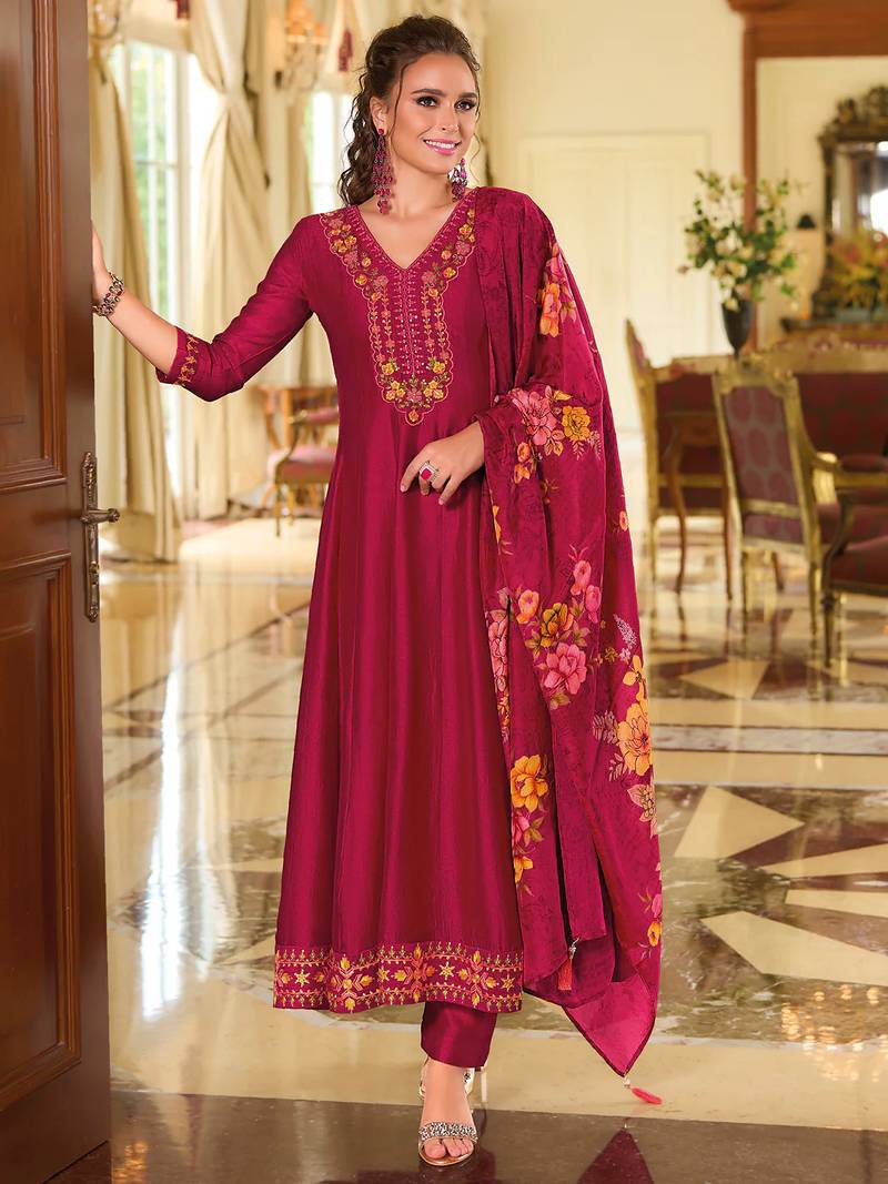 Rani pink vichitra silk designer festive wear readymade suit