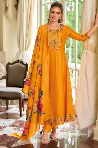 Yellow vichitra silk designer festive wear readymade suit