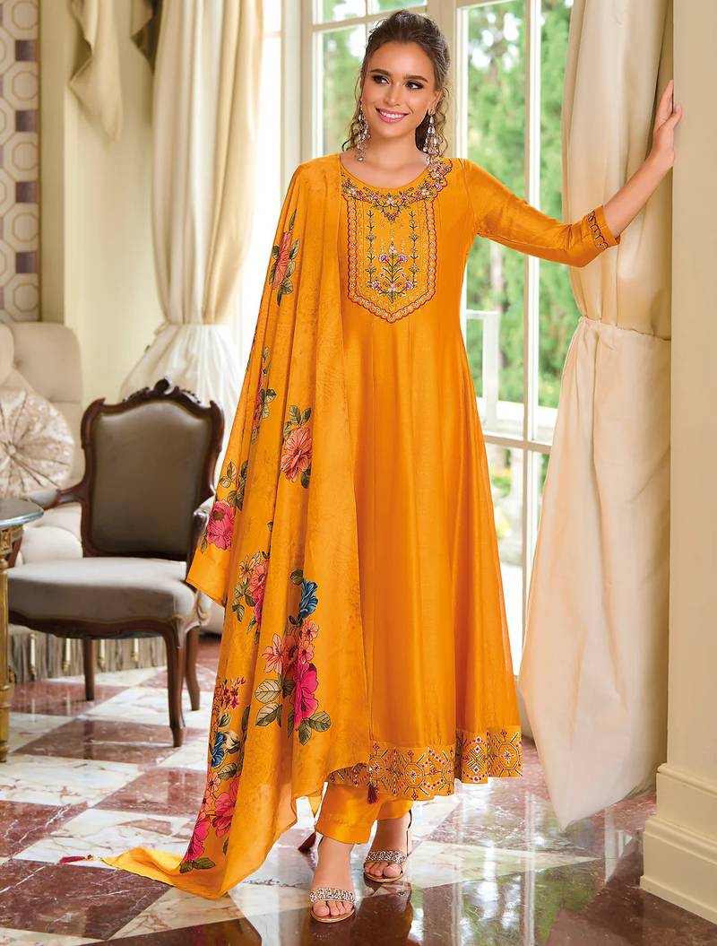 Yellow vichitra silk designer festive wear readymade suit