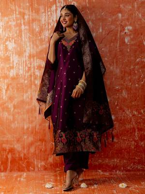 purple fancy cotton silk kurta set 3
