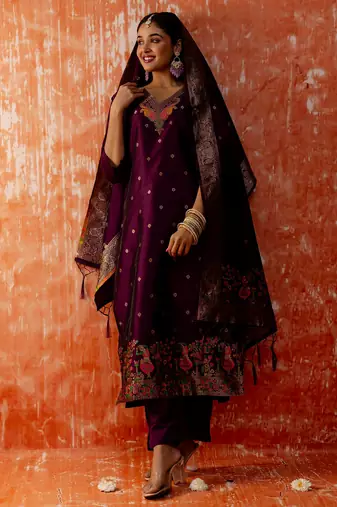 purple fancy cotton silk kurta set