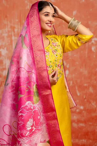 yellow fancy silk blend kurta set