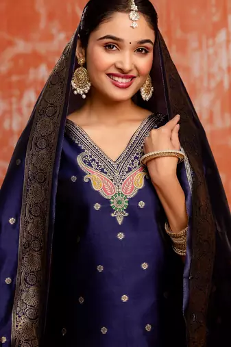 navy-blue fancy cotton silk kurta set