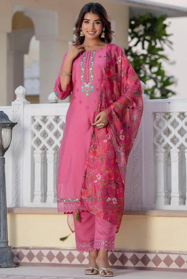 Pink viscose roman silk designer festive wear readymade suit