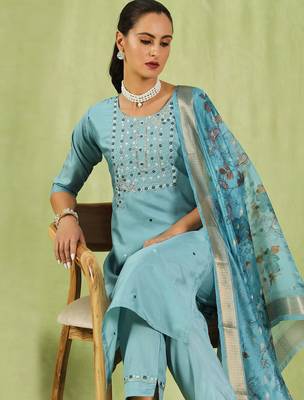 sky-blue fancy silk blend kurta set 3
