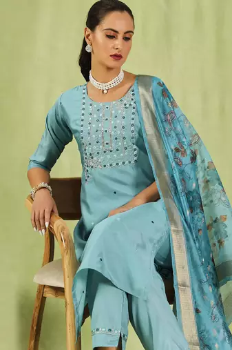 sky-blue fancy silk blend kurta set