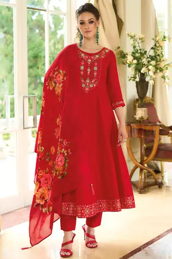 Red vichitra silk designer festive wear readymade suit