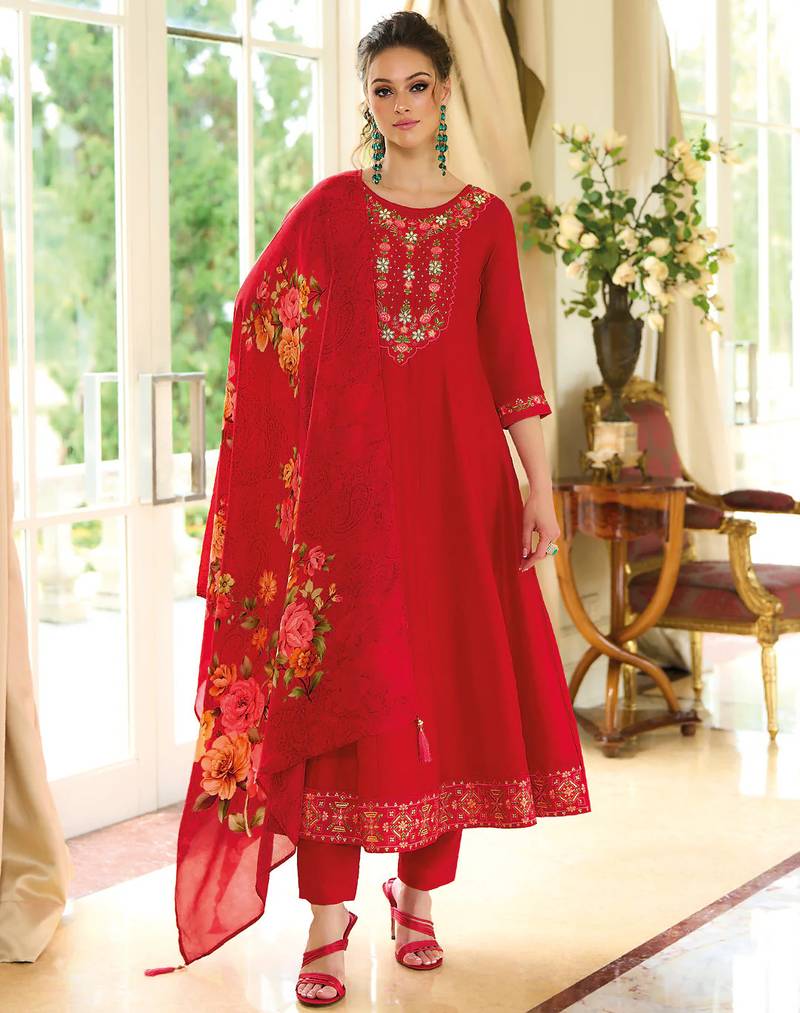 Red vichitra silk designer festive wear readymade suit