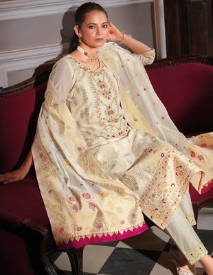 white fancy banarasi silk kurta set 2