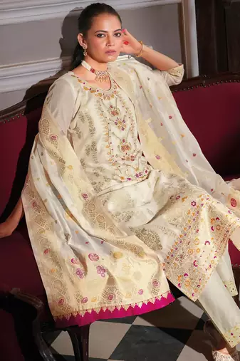 white fancy banarasi silk kurta set