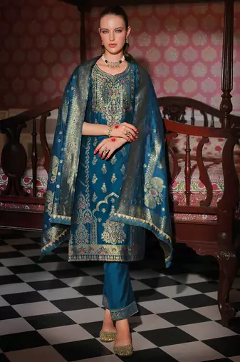 teal fancy banarasi silk kurta set