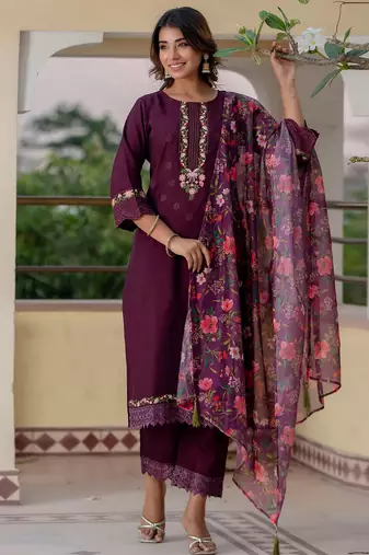 Purple viscose roman silk designer festive wear readymade suit