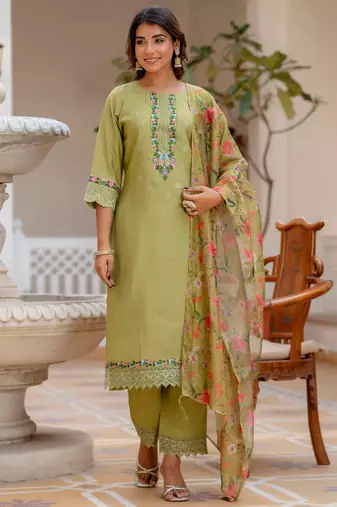 Mehndi green viscose roman silk designer festive wear readymade suit