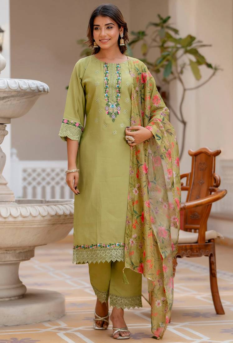 Mehndi green viscose roman silk designer festive wear readymade suit