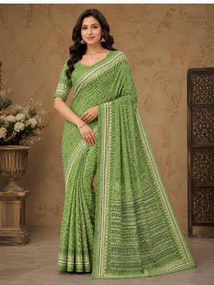 green hand with katdana and real mirror georgette saree 1