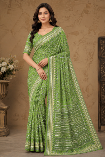 green hand with katdana and real mirror georgette saree