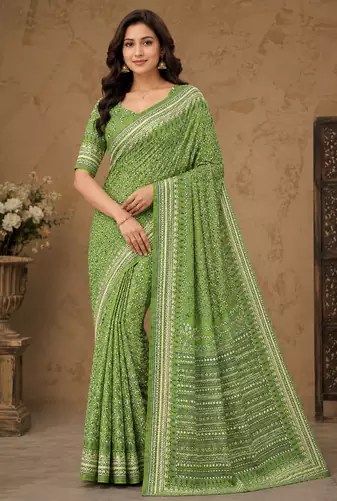 green hand with katdana and real mirror georgette saree