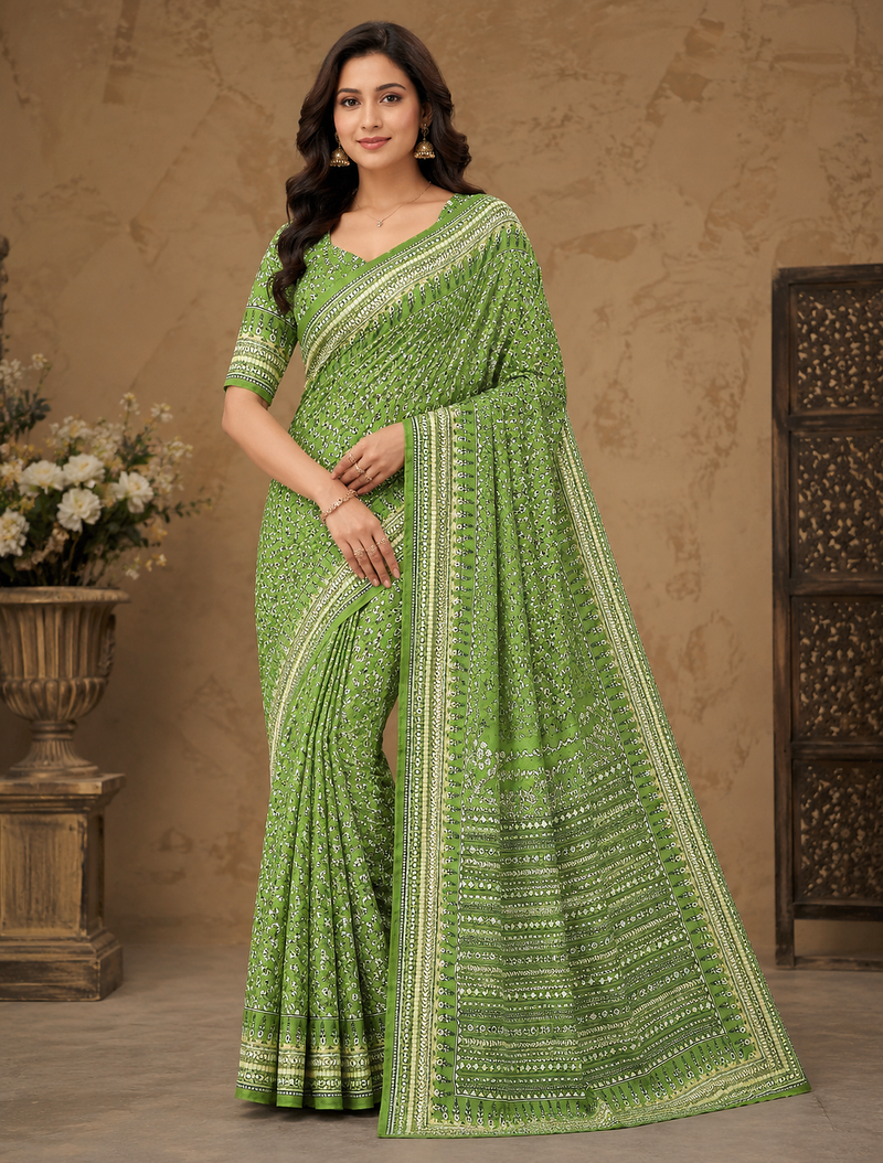 green hand with katdana and real mirror georgette saree