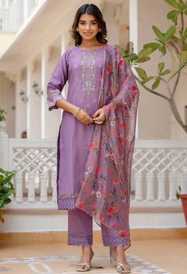 Lavender viscose roman silk designer festive wear readymade suit 1