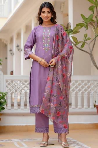 Lavender viscose roman silk designer festive wear readymade suit