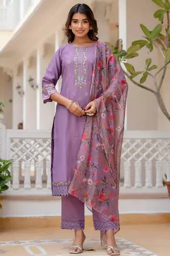 Lavender viscose roman silk designer festive wear readymade suit