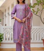 Lavender viscose roman silk designer festive wear readymade suit