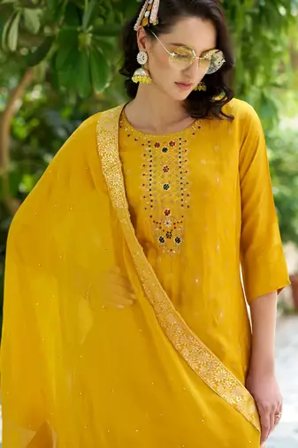 yellow fancy viscose rayon kurta set