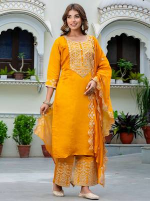 Mustard silk blend designer festive wear readymade suit 1