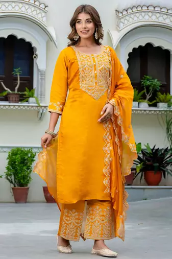 Mustard silk blend designer festive wear readymade suit