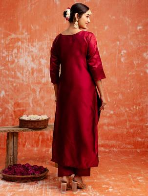 maroon fancy cotton silk kurta set 4