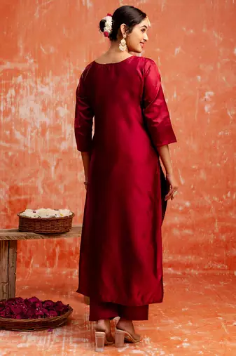 maroon fancy cotton silk kurta set