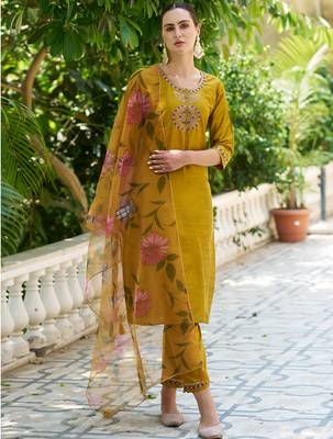 mustard fancy cotton silk kurta set 1