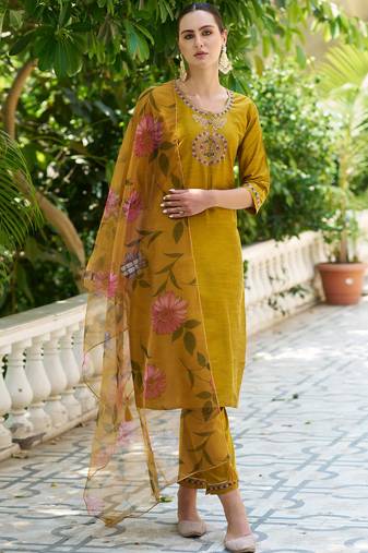 mustard fancy cotton silk kurta set