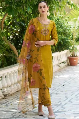 mustard fancy cotton silk kurta set