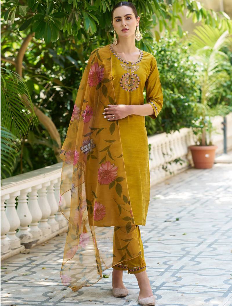 mustard fancy cotton silk kurta set